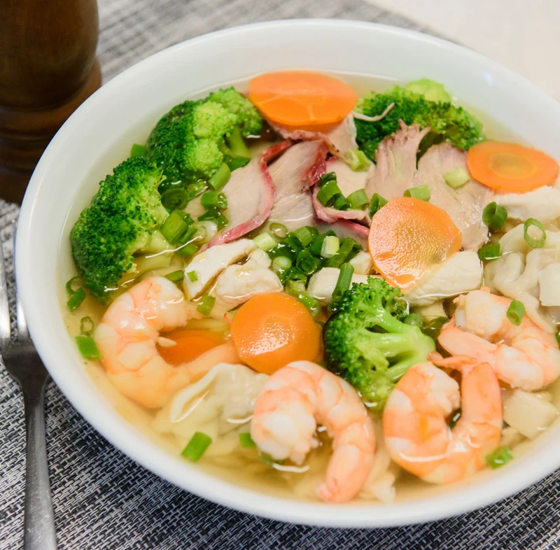 Wor Wonton Soup with fresh vegetables at Dewdney Garden in Regina, SK